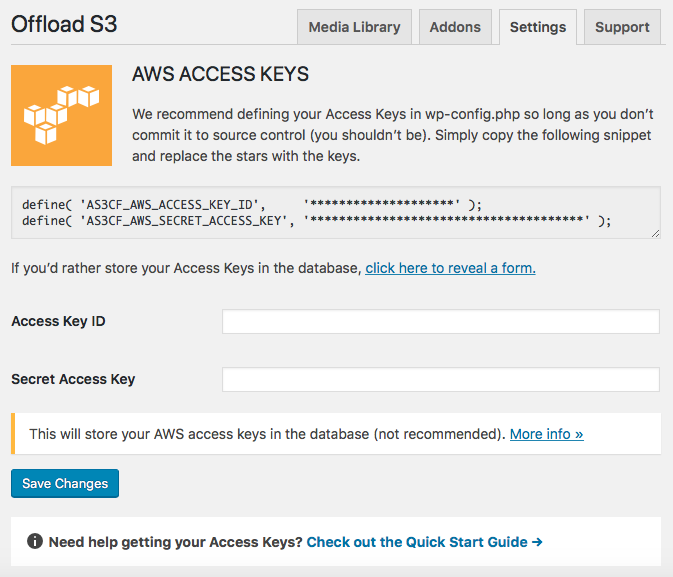 AWS API Key Connection For WP Offload S3 WordPress Plugin