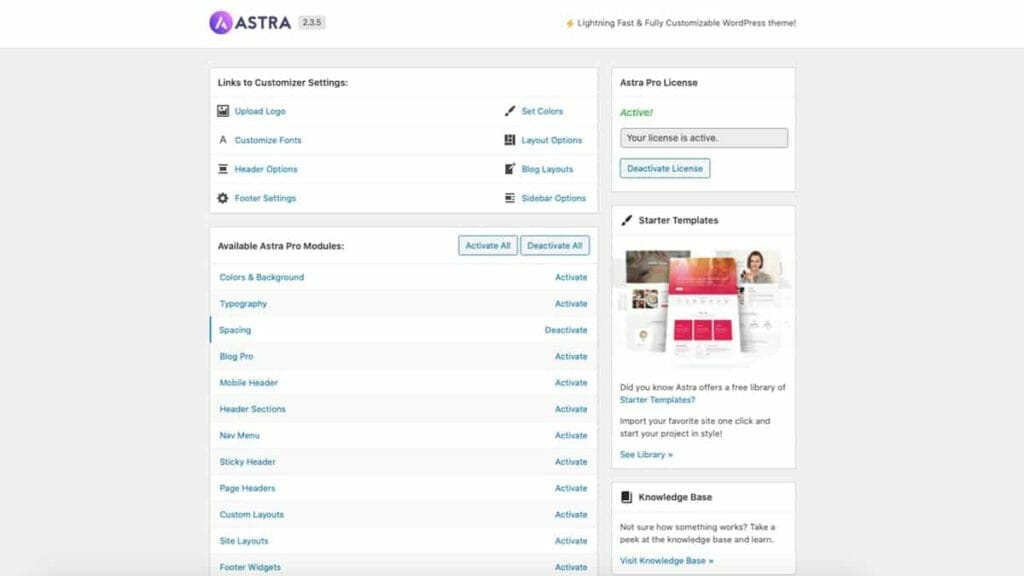 Astra Pro Theme Settings In WordPress Dashboard