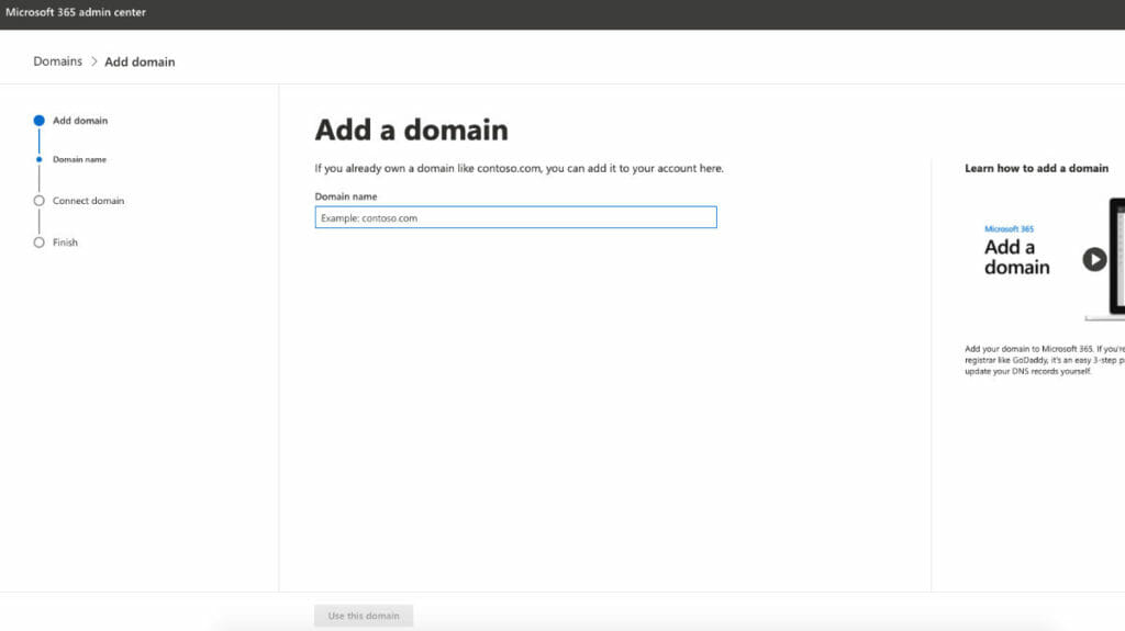 Microsoft 365 Add A Domain Screen